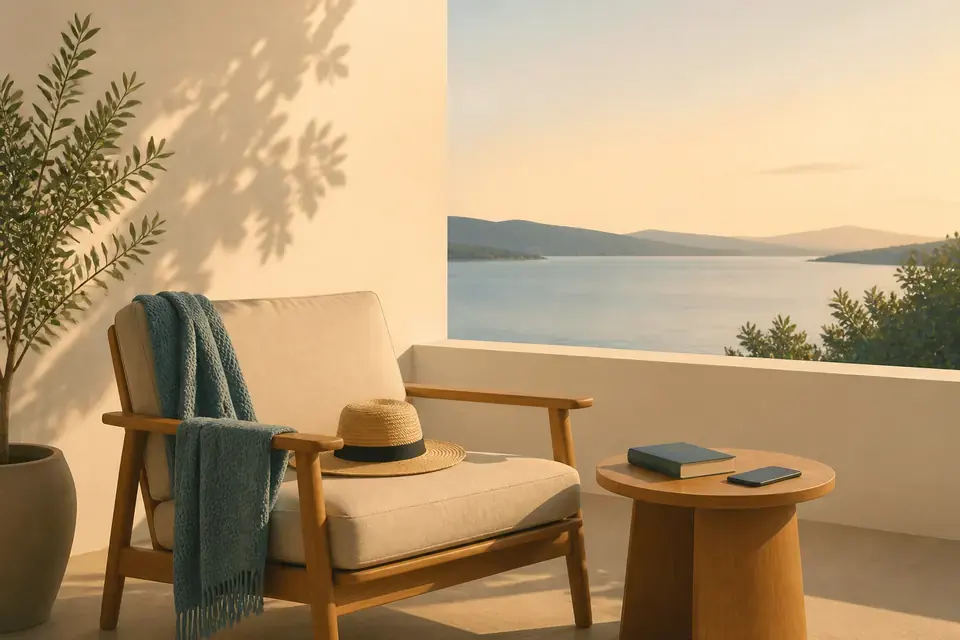 Vacanze e mente: terrazza quieta sul lago, libro chiuso e telefono a faccia in giù